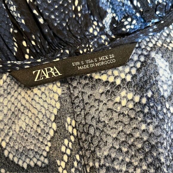 ZARA Dress Drop Waist Snakeskin Print Deep V-neck Button Blue Size Small - Picture 6 of 10